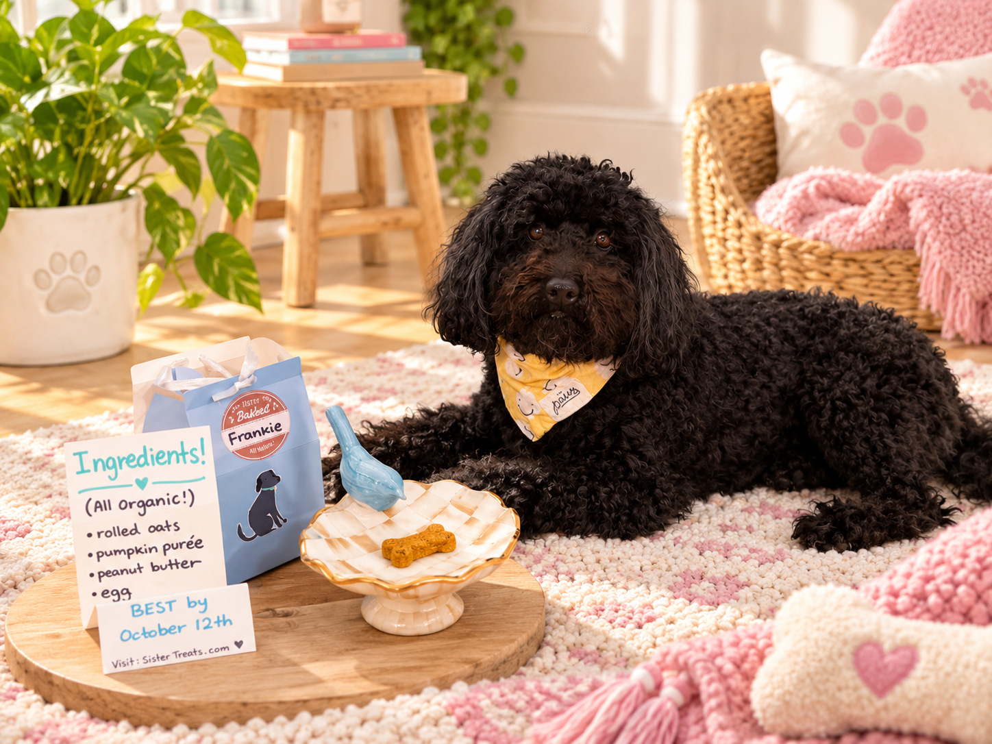 Frankie, a curly-haired black pup, beside a blue treat box and a bone-shaped treat
