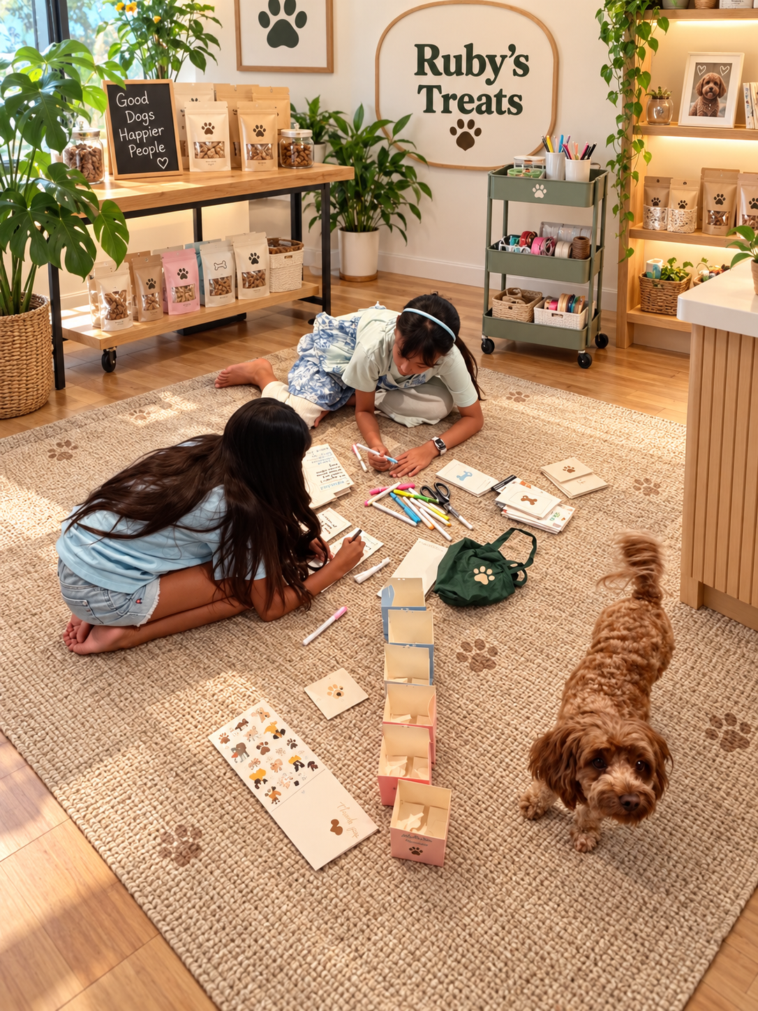 Alessia and Althea sitting with Ruby beside the Sister Treats boxes