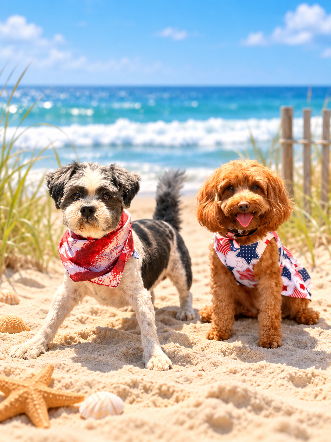 Po and Ruby sitting on the sand at the beach