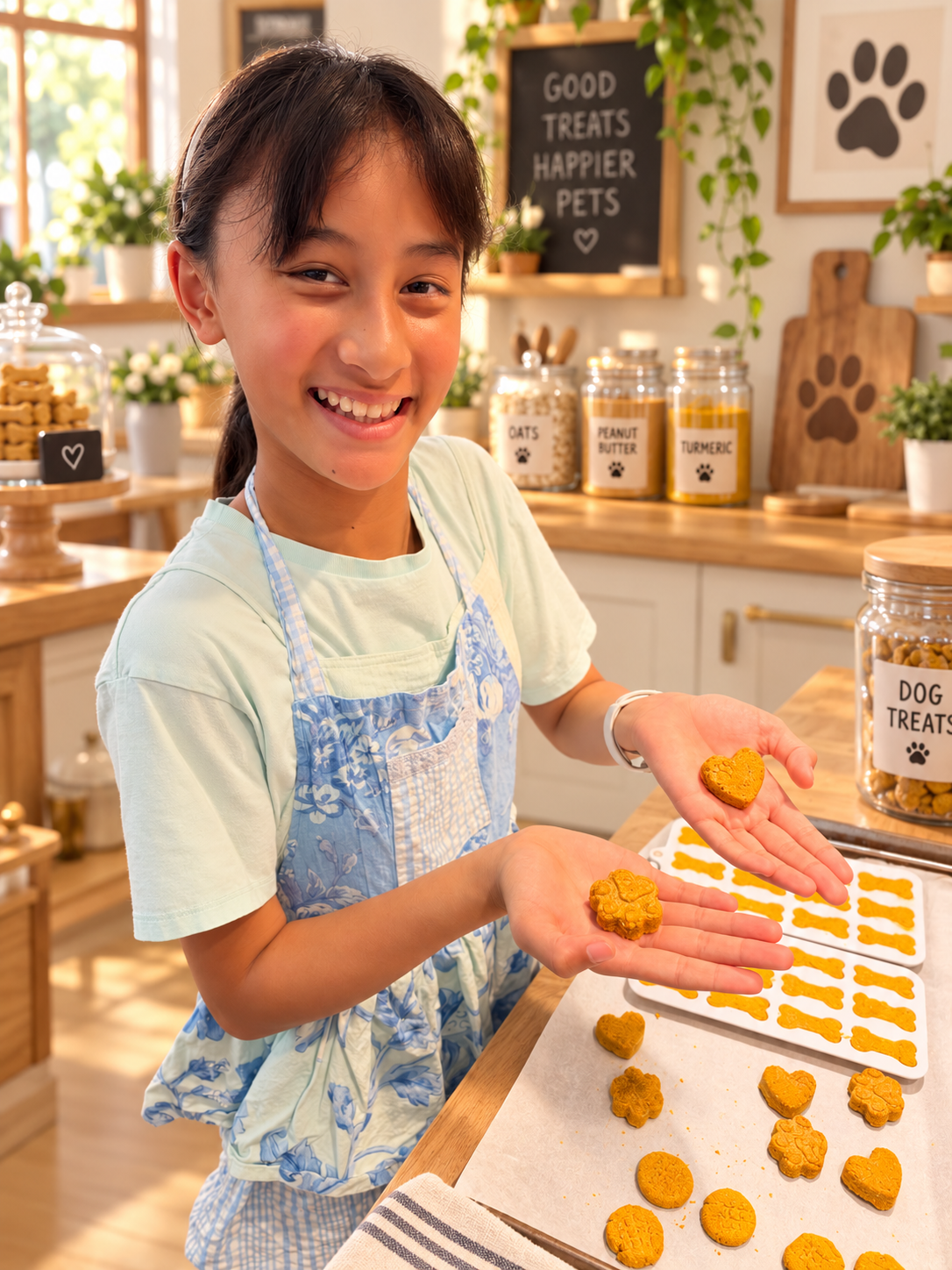 Alessia in the kitchen holding heart and paw shaped PB Crunchies